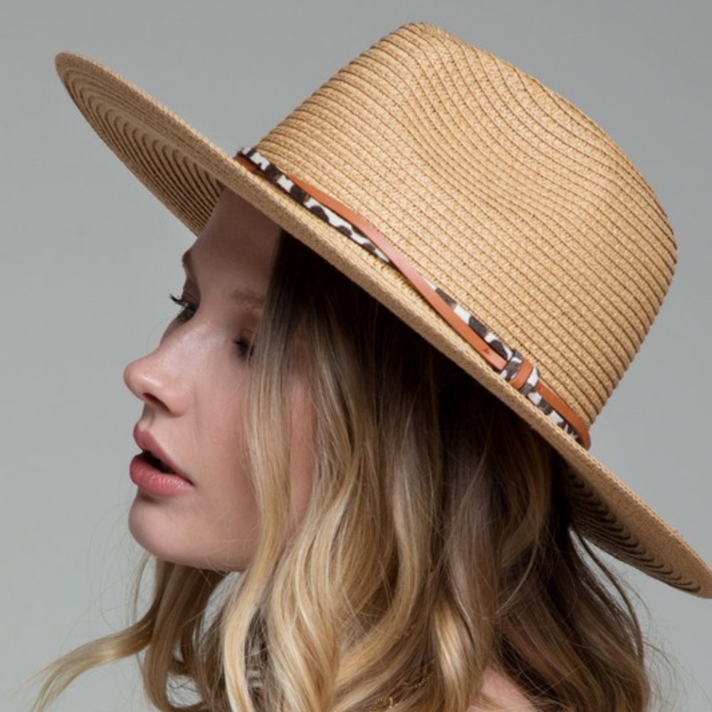 Boho Leopard Natural Trim Straw Panama Hat - Picture 2 of 13